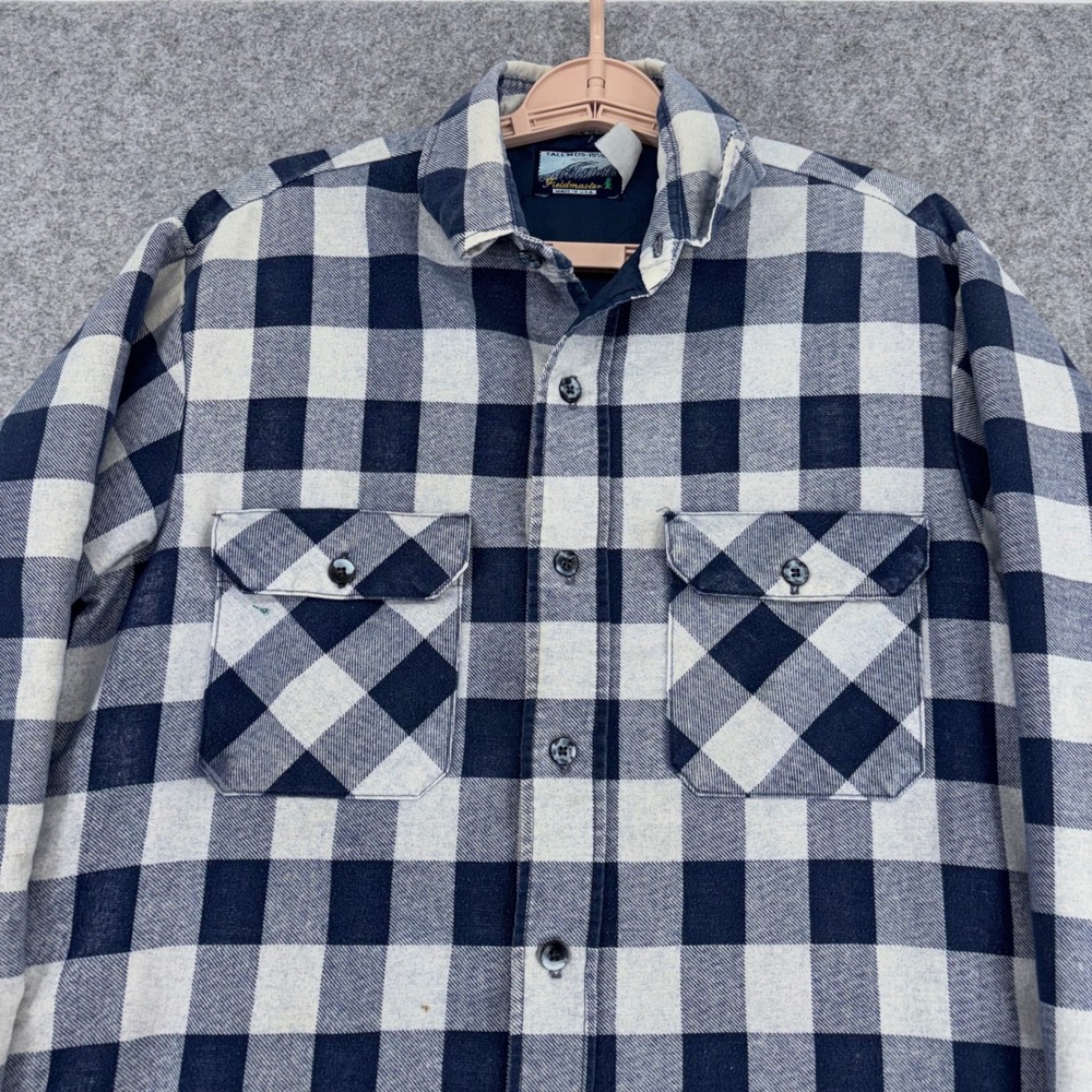 Vintage Fieldmaster Buffalo Check Flannel Shirt Mens Tall M Navy Blue Plaid USA